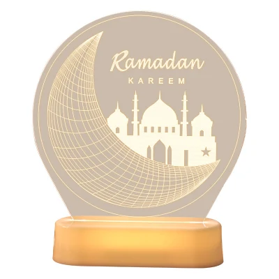 Nuove luci calde del Ramadan con base in legno acrilico a LED per decorazioni di illuminazione natalizie islamiche a Kareem